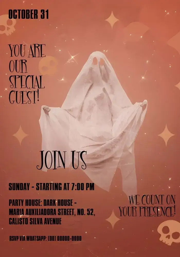 Invitation White Halloween Party – Commemorative Dates theme white, black, orange, playful, themed, fun