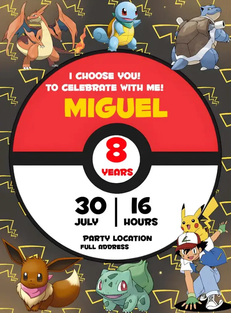 Invitation Pokemon Charmander – Most searched for theme colorful, themed, fun, anime, children's, Pokemon