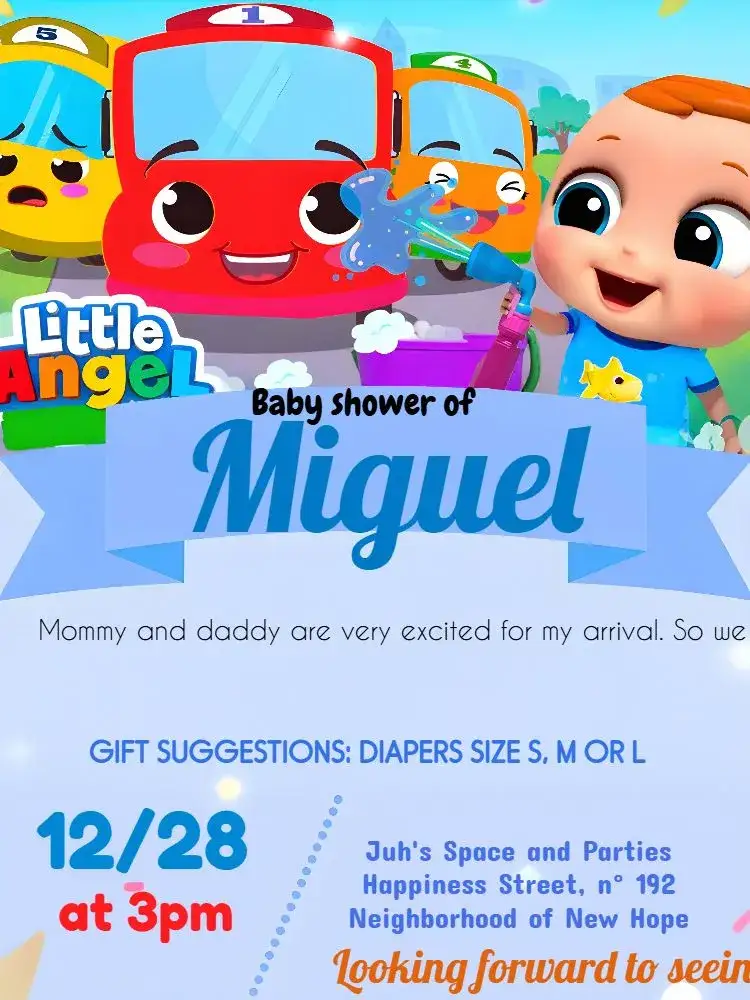 Invitation Joãozinho Baby Shower – Diaper Shower theme colorful, childish, modern, fun, bus illustrations, blue-themed
