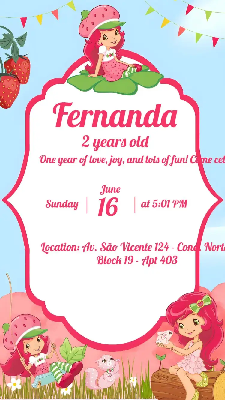 Invitation Moranguinho Strawberry – Kids' Birthday Party theme pink, green, childish, playful, fruity, colorful