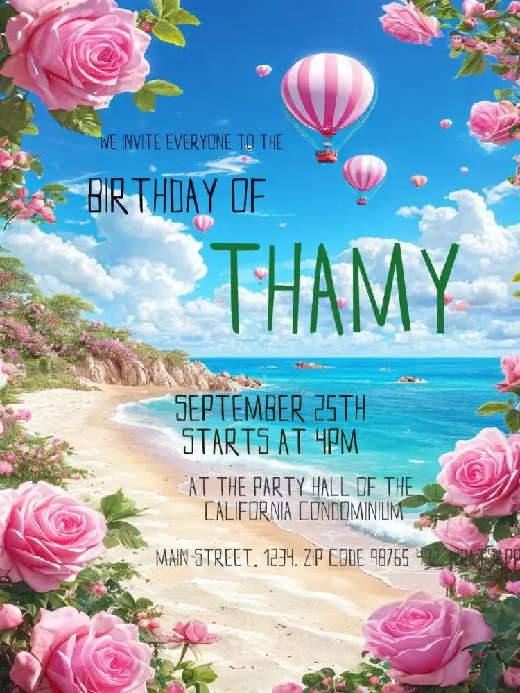 Invitation Balloon Theme to Edit – Kids' Birthday Party theme playful, colorful, fun, beach, ballooning, childlike