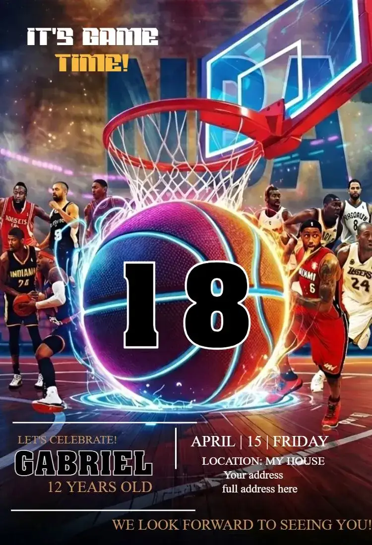Invitation Basketball 1 – Birthday theme vibrant colors, sporty style, basketball graphic elements, modern design, NBA-inspired