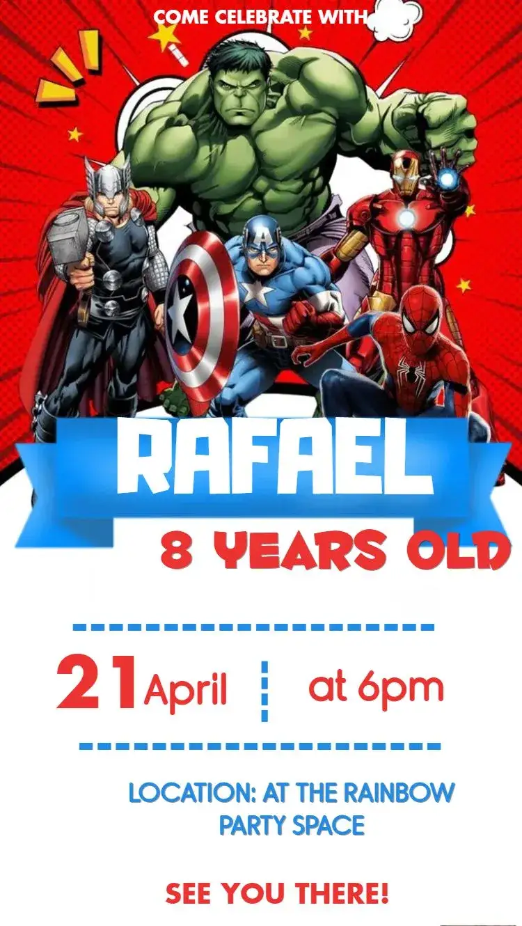 Invitation Avengers – Kids' Birthday Party theme vibrant colors, modern style, superhero graphic elements, dynamic design, inspired by Marvel