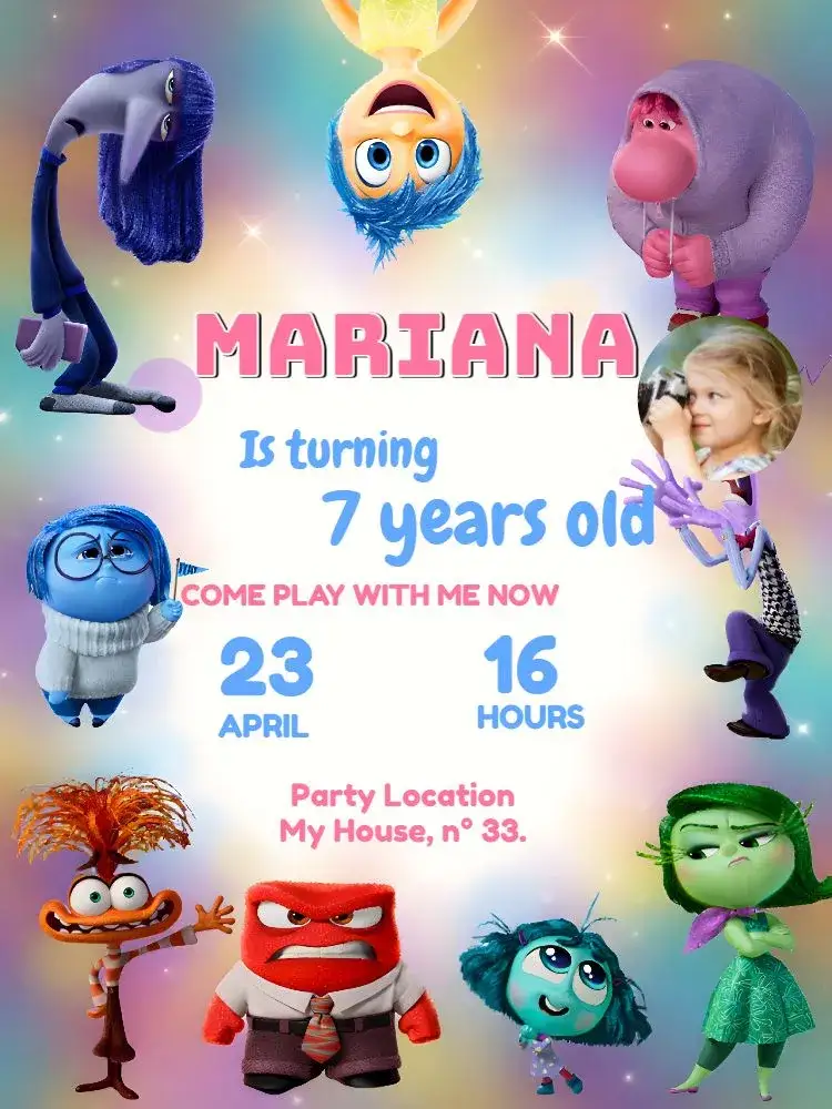 Invitation Fun Inside Out 2 Birthday With Movie Photo – Commemorative Dates theme colorful, fun, themed, childish, modern