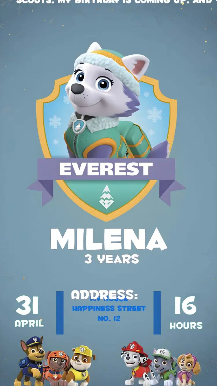 Invitation Everest Paw Patrol – Kids' Birthday Party theme blue, white, children's theme, adventure, fun, colorful