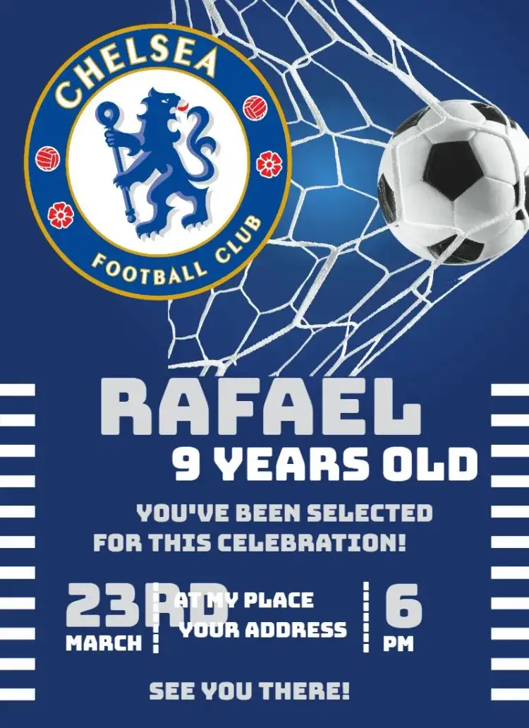 Invitation Chelsea 2 – Birthday theme soccer, blue and white, contemporary, fun, themed, sporty