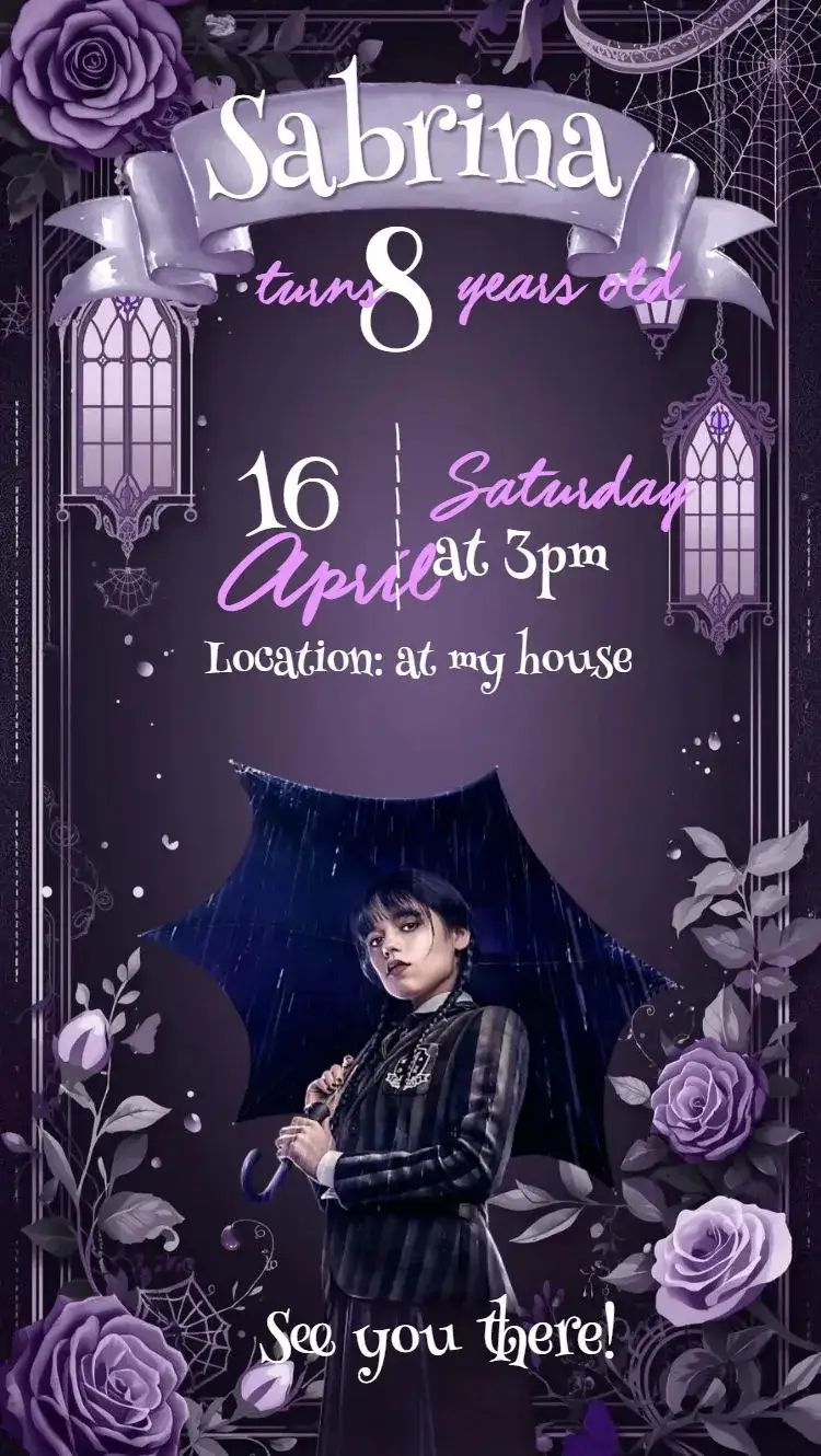 Invitation Wandinha – Kids' Birthday Party theme dark, luxury, modern, fantasy, fun, themed