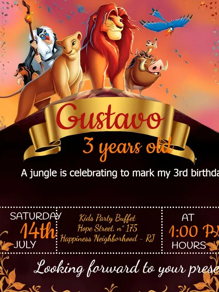 Invitation Black Lion King – Kids' Birthday Party theme colorful, fun, animal-themed, modern, youthful