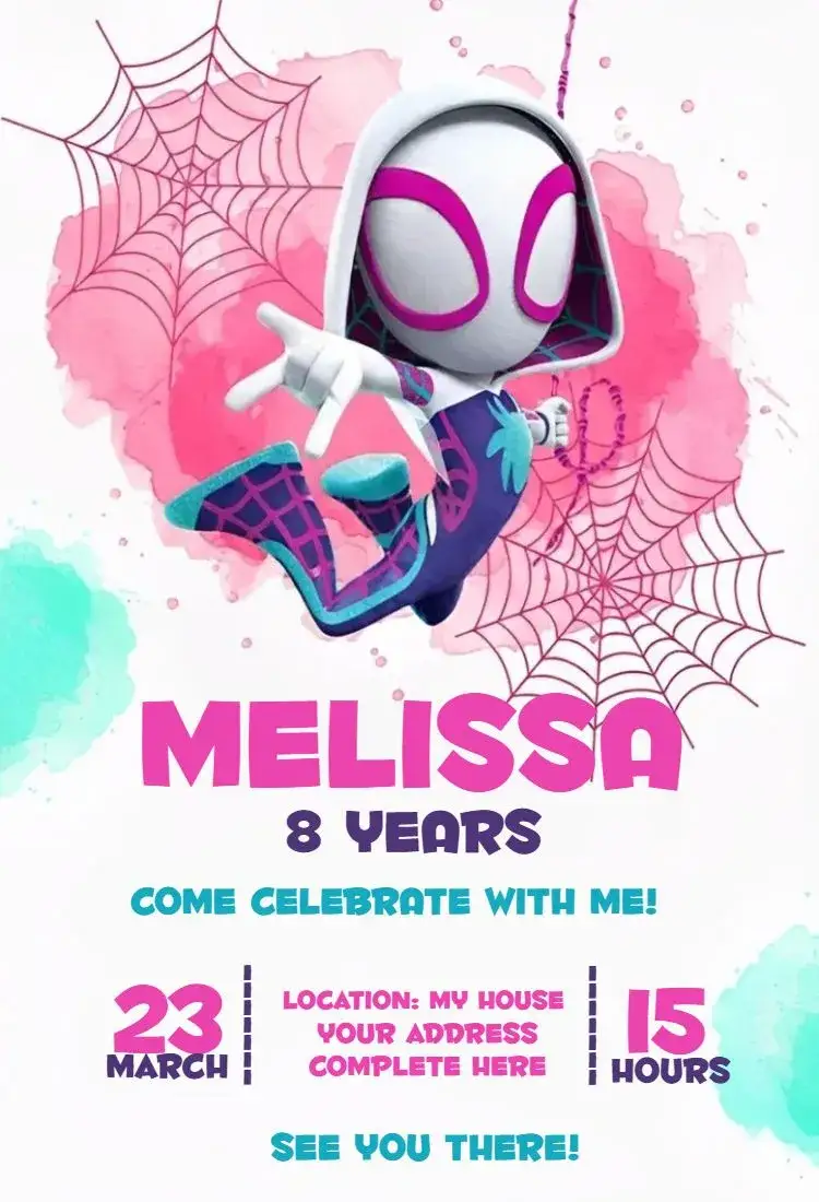 Invitation Gwen 2 – Birthday theme Spider-Man theme, pink and blue colors, superhero graphic elements, fun and cheerful style, childish illustrations, modern design