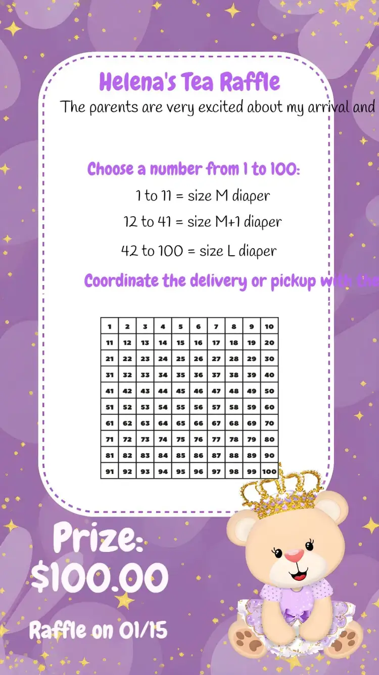 Invitation Baby Shower Raffle Tea / Princess Purple Teddy Bear Diaper Prize – Diaper Shower theme lilac, princess, teddy bear, fun, childlike, romantic