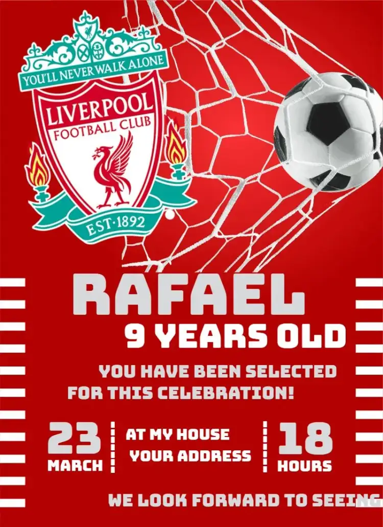 Invitation Liverpool 1 – Birthday theme soccer, red and white, contemporary, youthful, dynamic