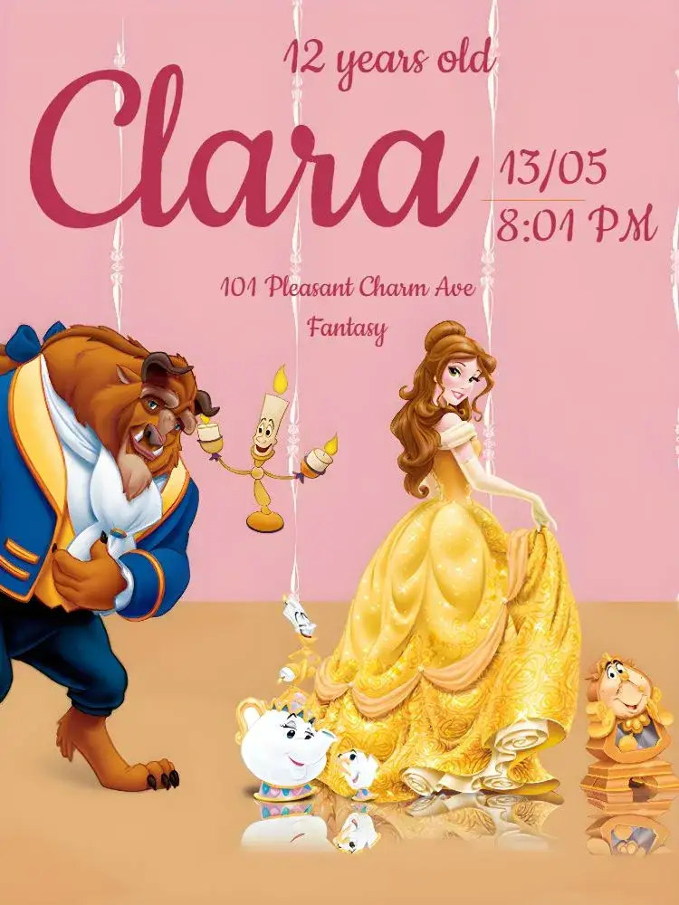 Invitation The Beauty And The Beast Bella – Baptism theme pink, beige, cartoon characters, magical, charming
