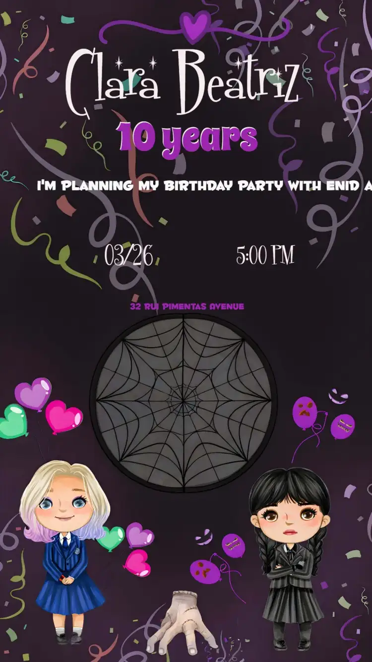 Invitation Wandinha Addams The – Commemorative Dates theme black and white, purple, vintage, themed, modern, fun