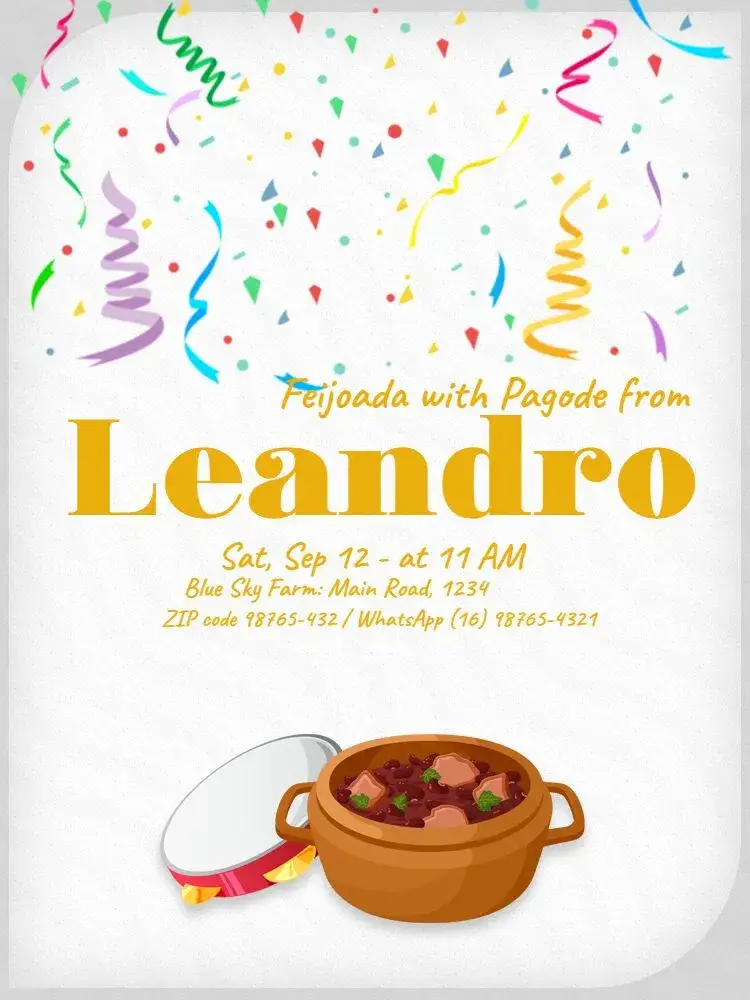 Invitation Feijoada With Pagode Food – Kids' Birthday Party theme colorful, festive, Brazilian, fun, tropical, cheerful