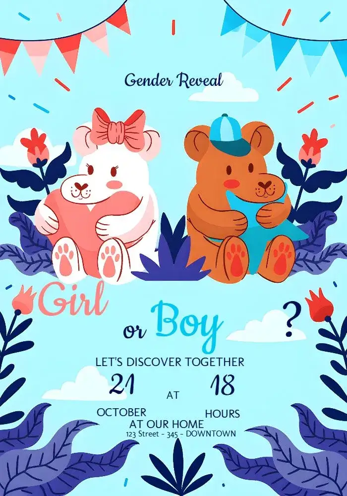 Invitation Bear Charm Gender Reveal Tea Party – Gender Reveal theme cute, colorful, playful, modern, fun, stylish