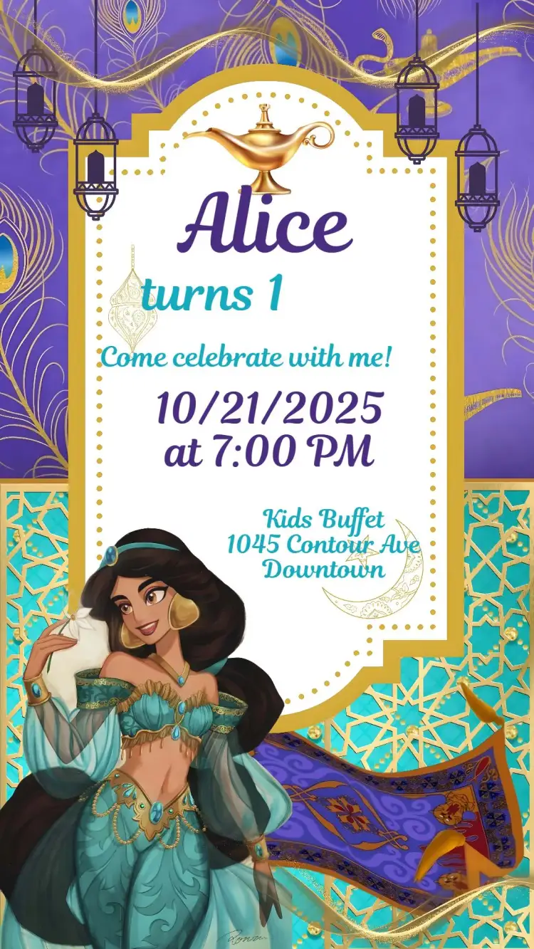 Invitation Jasmine – Kids' Birthday Party theme pastel colors, magical elements, classic style, floral details, enchanted design, playful illustrations