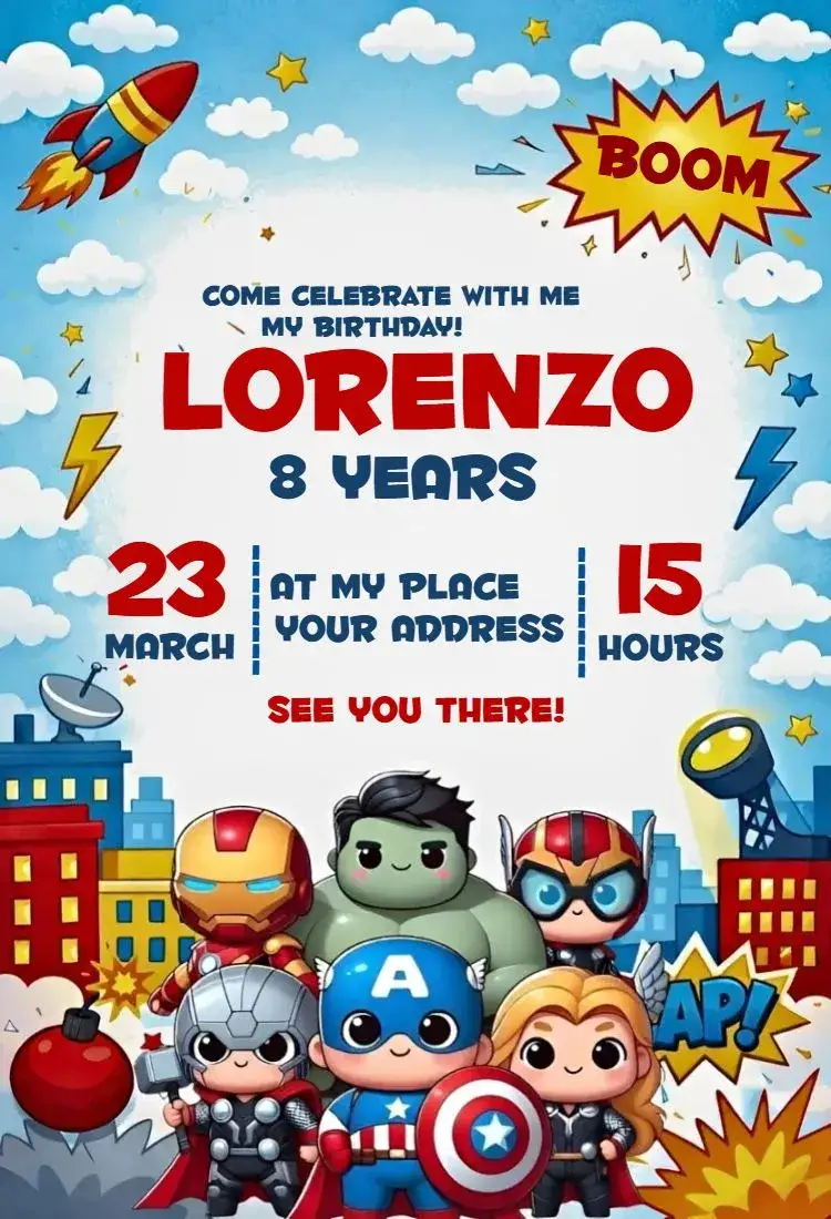 Invitation Super Heroes 2 – Birthday theme colorful, modern, fun, dynamic, comic-inspired, adventure