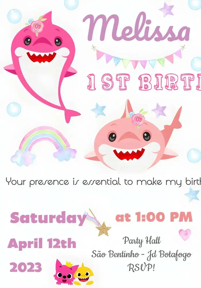 Invitation Baby Shark 2 – Commemorative Dates theme pink, navy blue, fun, colorful, childish, lively