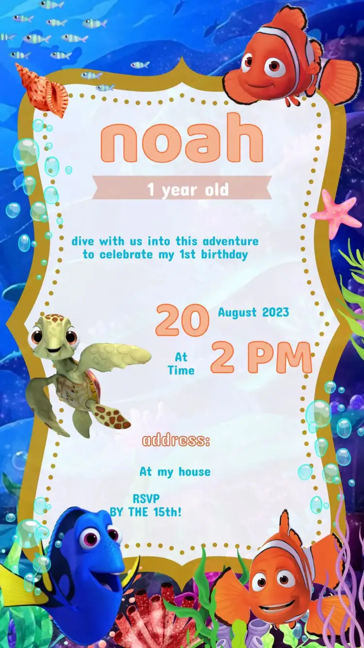Invitation Finding Nemo Birthday Invitation – Kids' Birthday Party theme navy, colorful, fun, fish illustrations, underwater theme, playful