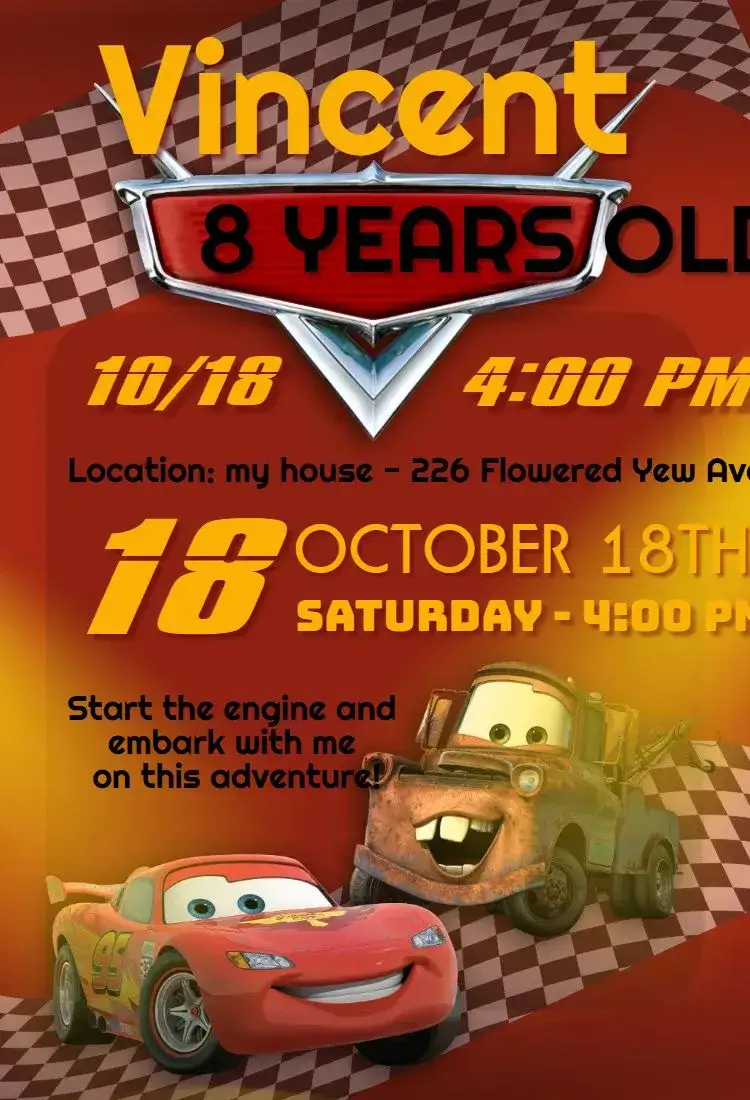 Invitation Cars mcqueen – Kids' Birthday Party theme colorful, themed, fun, modern, childish