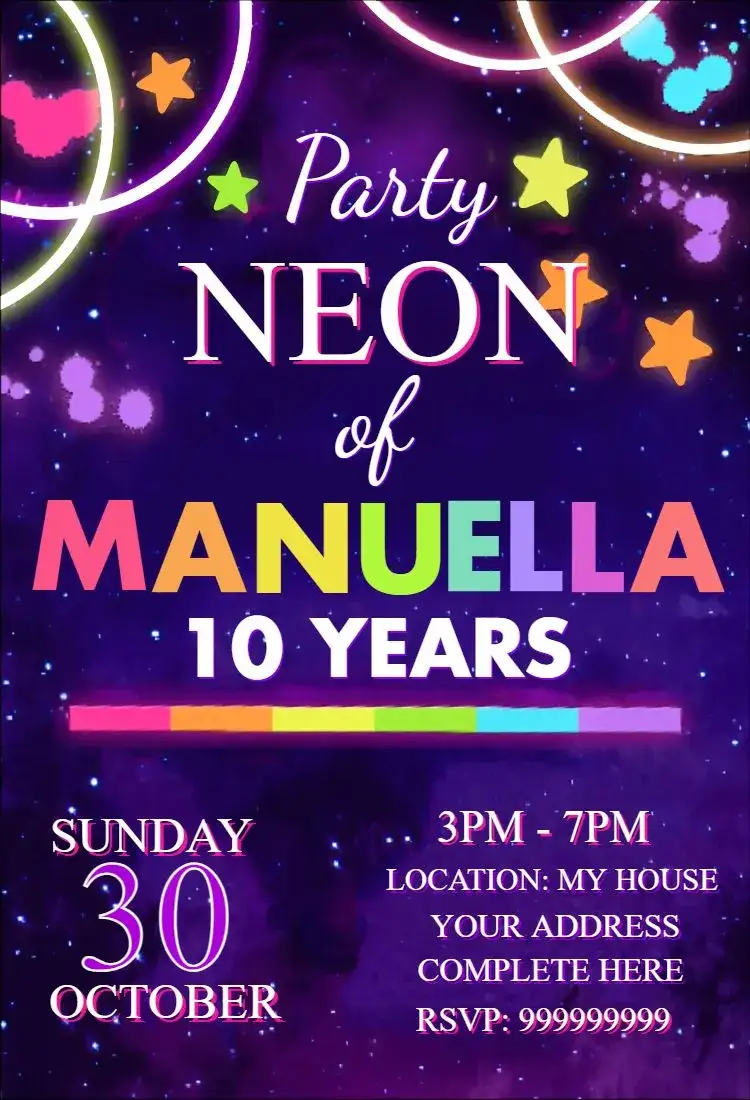 Invitation Neon Party 1 – Kids' Birthday Party theme neon, colorful, modern, fun, clubbing, youthful