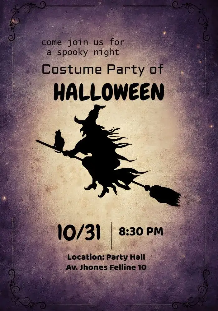 Invitation Halloween Day – Commemorative Dates theme dark colors, witch illustrations, pumpkin elements, fun style, spooky graphics, colorful touches