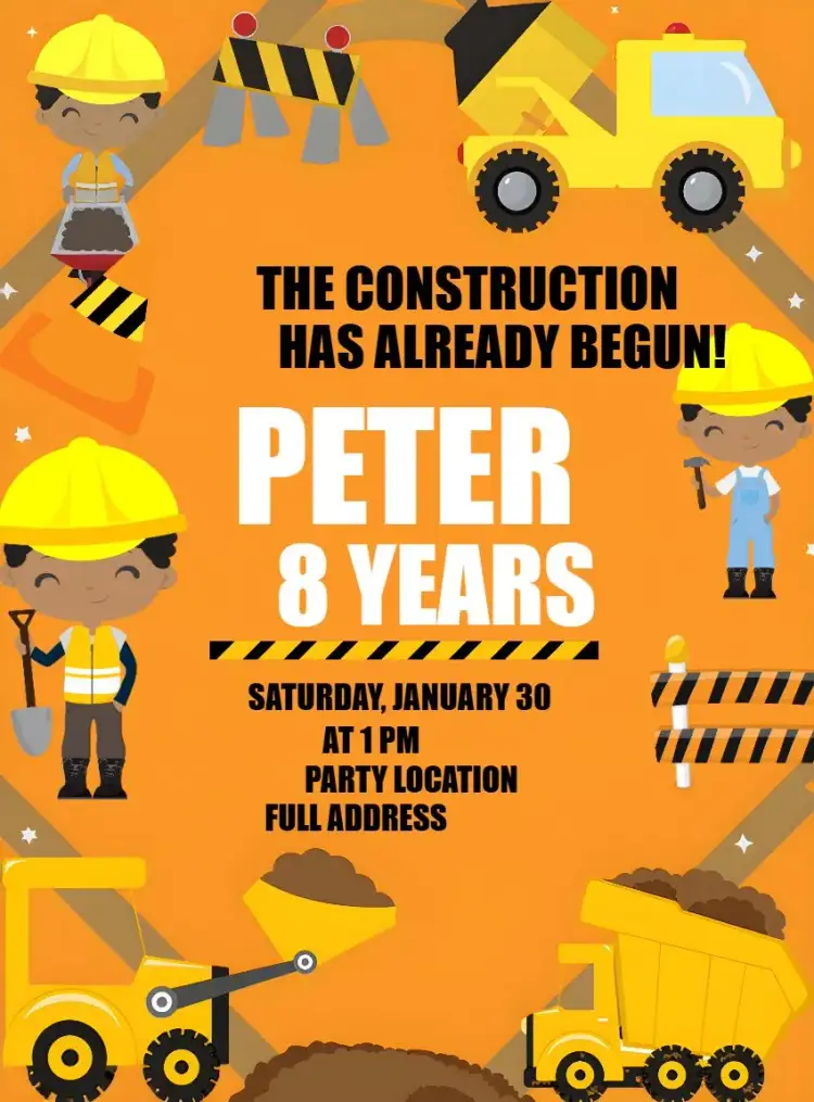 Invitation Yellow Construction – Raffle Tea theme construction, yellow and black, graphic elements, fun, childlike, modern