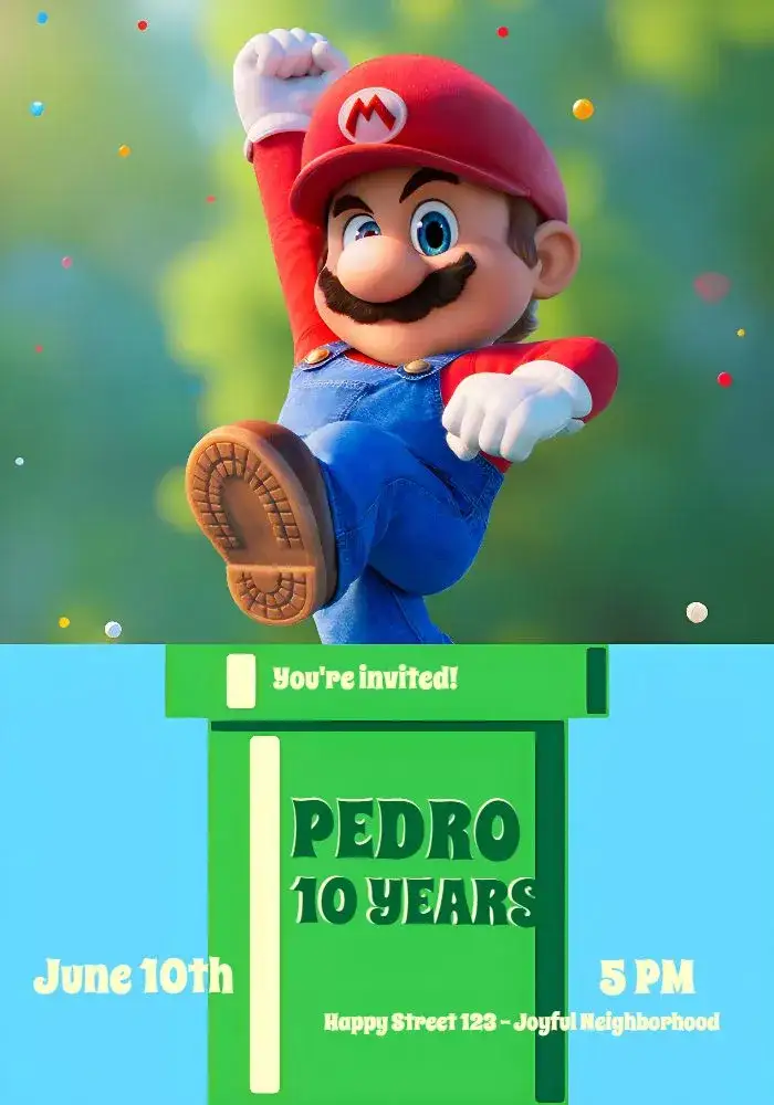 Invitation Red Super Mario – Birthday theme colorful, fun, themed, games, childlike