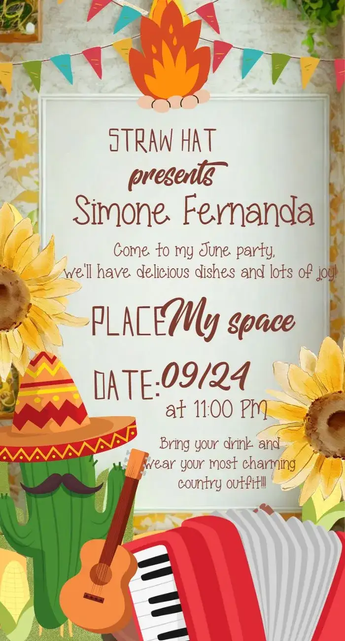 Invitation Arraiá Junina Bonfire Party – Commemorative Dates theme colorful, vintage, rustic, Brazilian, festive, joyful