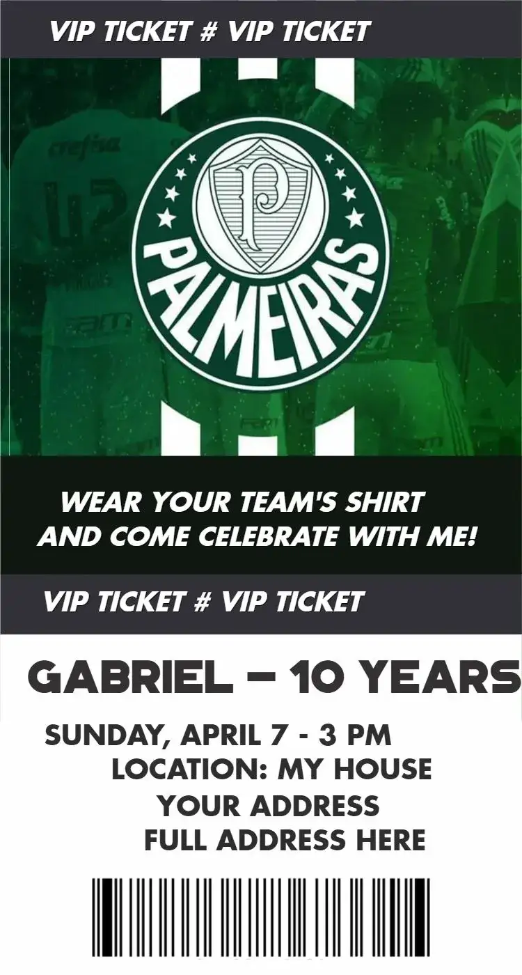 Invitation Palmeiras ticket – Birthday theme green and white, football, modern, dynamic, interactive