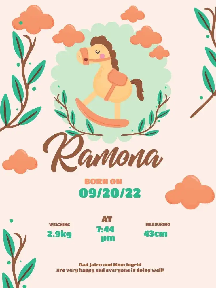 Invitation Baby Birth Celebration Card Beige Little Horse – Card theme playful, colorful, childlike, natural, beige, modern