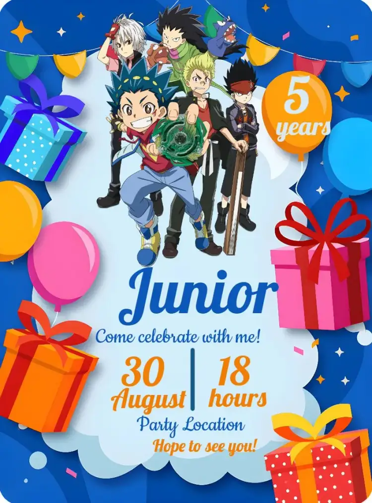 Invitation Orange Beyblade – Kids' Birthday Party theme vibrant orange, fun style, battle graphic elements, cartoon style, colorful design, game theme