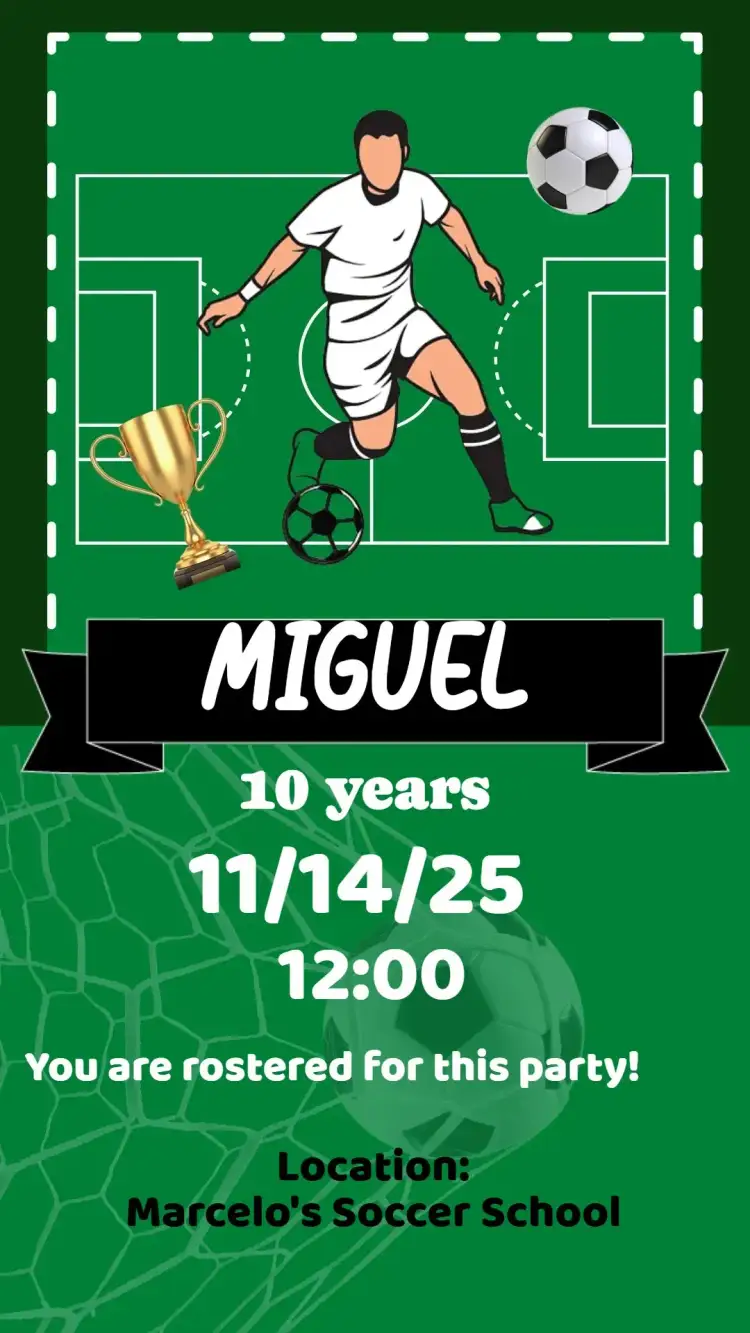 Invitation Soccer – Birthday theme vibrant colors, football graphic elements, modern design, fun illustrations, sports theme