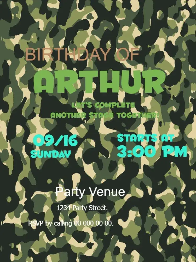 Invitation Camouflage Army Boy – Kids' Birthday Party theme camouflage, military, adventure, themed, youthful, fun