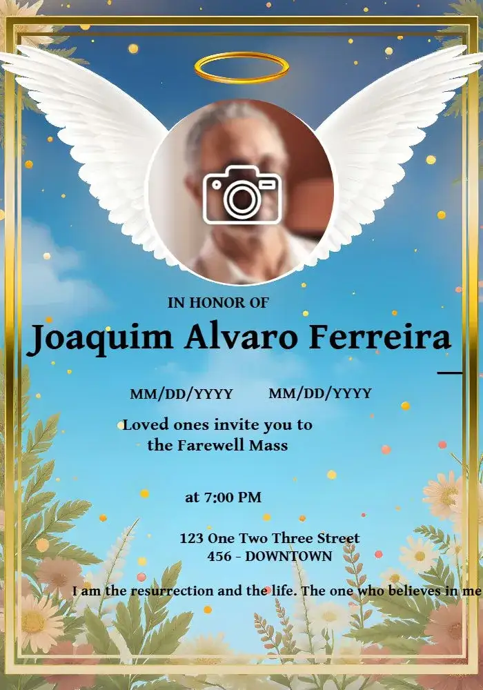 Invitation Funeral Mass With Photo Angels – Commemorative Dates theme golden, blue, white, black, minimalist, celestial