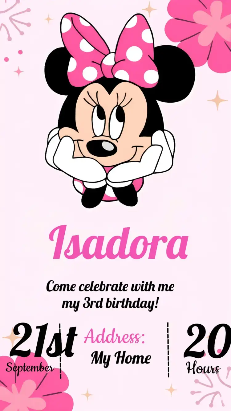 Invitation Minnie Pink Digital – Most searched for theme pink and black colors, childish style, Minnie's graphic elements, playful design, fun party theme