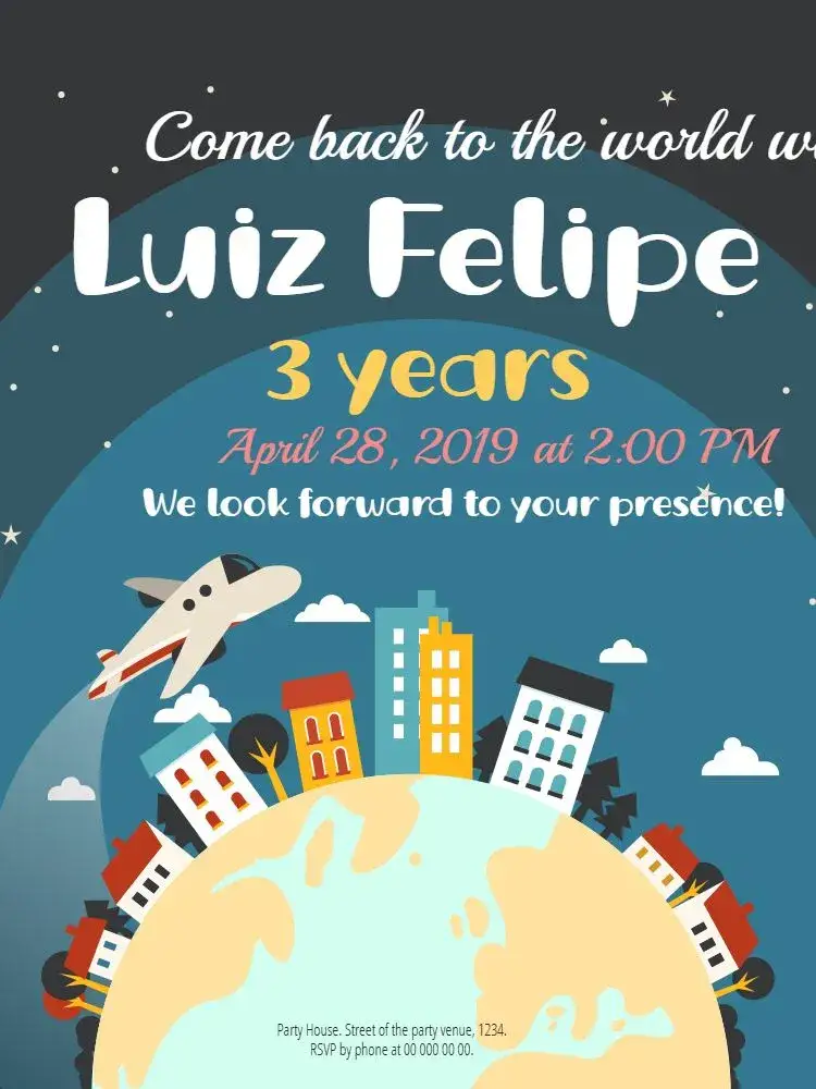 Invitation Customized Round The World – Kids' Birthday Party theme adventure, navigation, space, vibrant colors, playful graphic elements, modern style