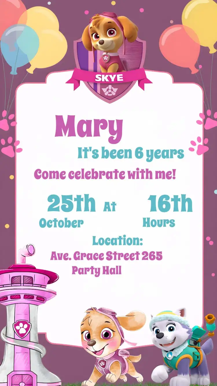 Invitation Skye Pink Paw Patrol – Kids' Birthday Party theme pink, fun, childish, themed, colorful