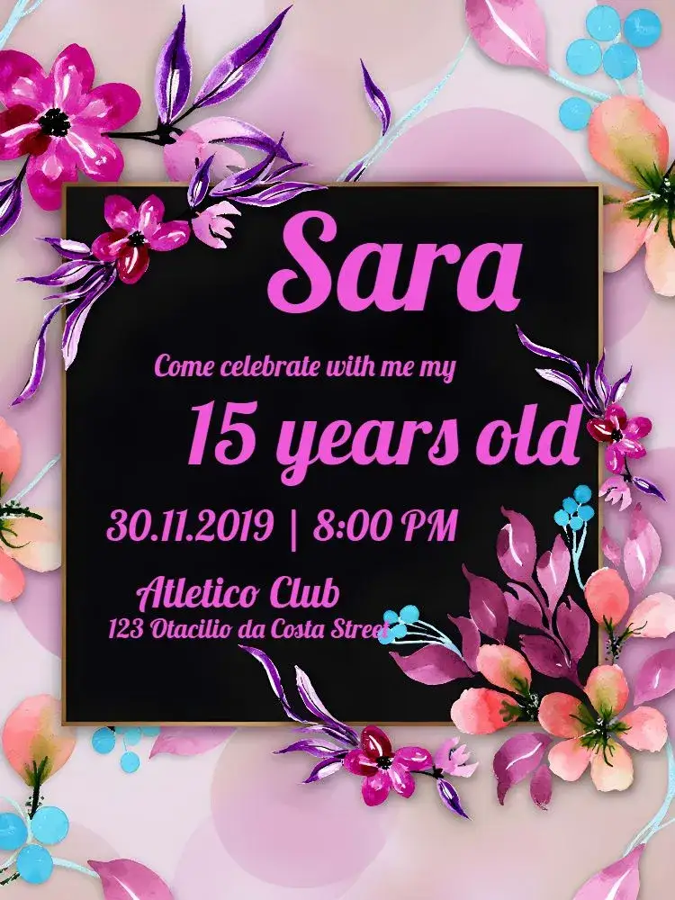 Invitation Floral 15 Years Cocktail – Sweet 15 theme floral, striped, modern, elegant, feminine, black and white