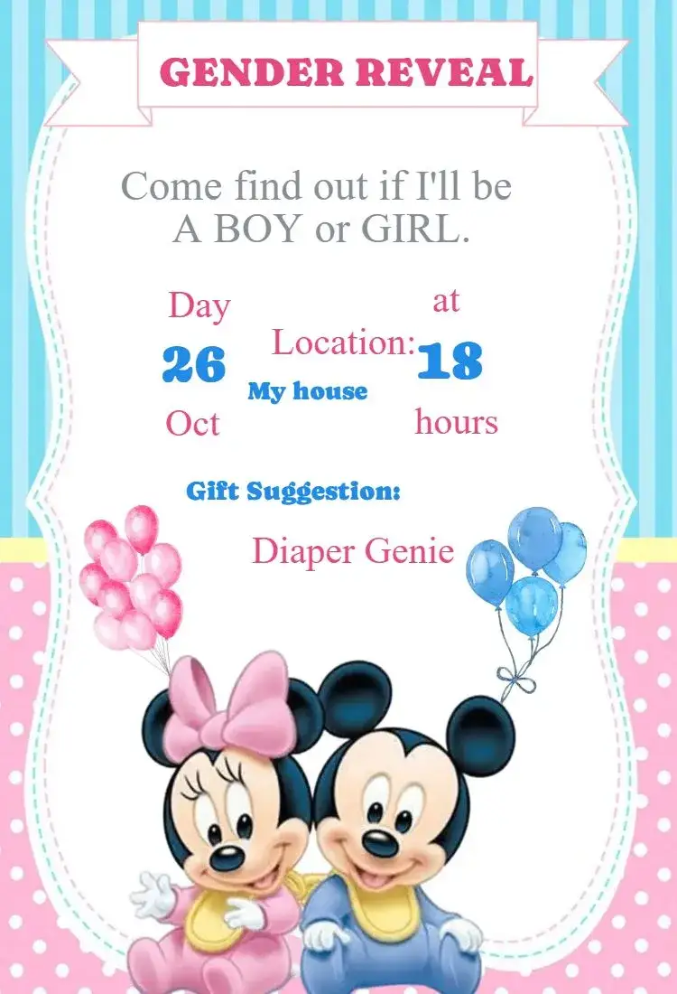 Invitation Minnie and Mickey Gender Reveal Tea Invitation – Gender Reveal theme colorful, fun, childish, Disney-themed, playful