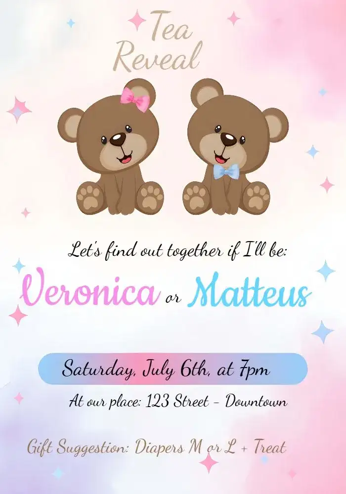 Delicate Pink And Blue Teddy Bears Gender Reveal Party