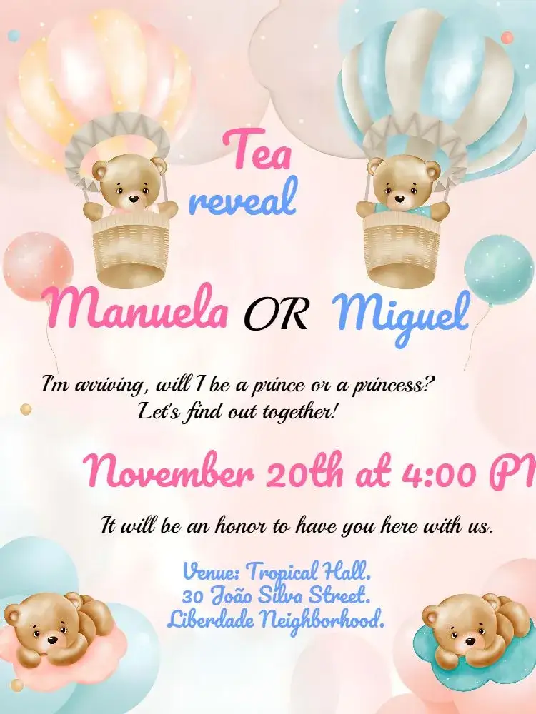 Invitation Teddy Bears Balloon Gender Reveal Pink – Gender Reveal theme pink, blue, cute, childish, playful