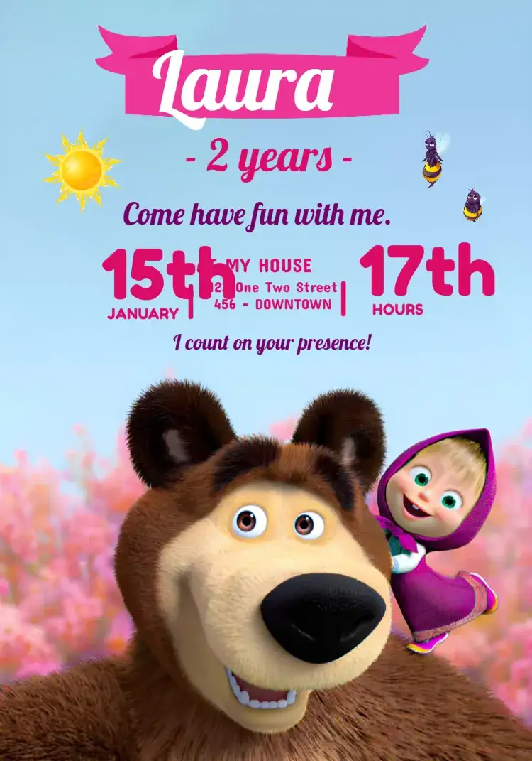 Invitation Masha And The Blue Bear – Most searched for theme colorful, fun, childish, forest, animals, illustration