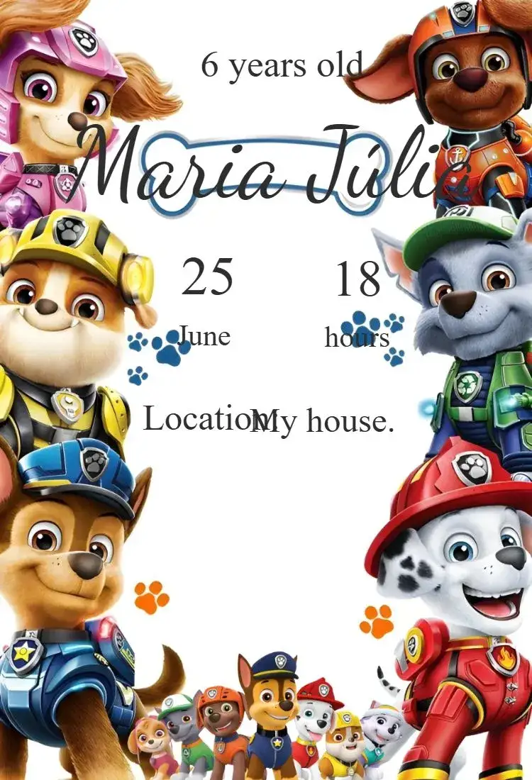 Invitation Paw Patrol – Kids' Birthday Party theme colorful, adventure-themed, animated characters, fun style, child-friendly graphics, action scenes