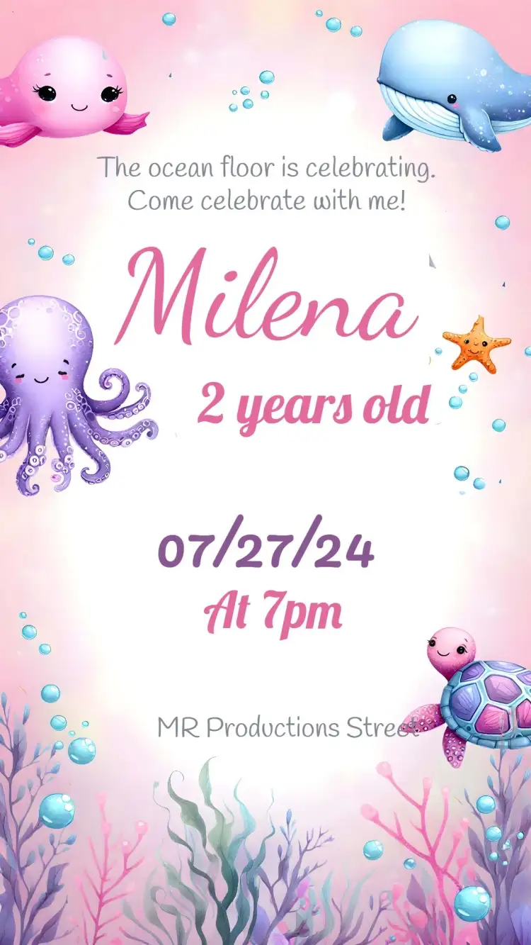 Invitation Purple Under the Sea – Kids' Birthday Party theme under the sea, lilac and pink, water and seaweed, childlike style, fun illustrations