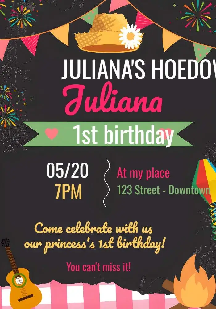 Invitation João's June Party Arraiá – Commemorative Dates theme vibrant, colorful, childish, traditional, playful