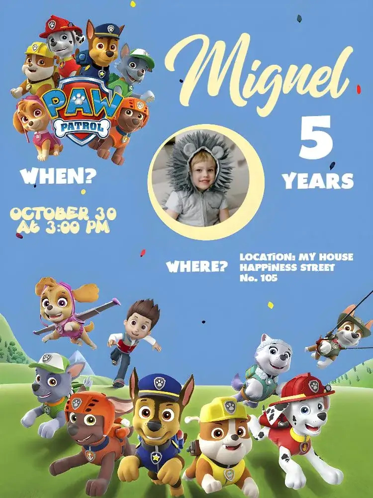 Invitation Paw Patrol With White Photo – Kids' Birthday Party theme fun, colorful, themed, childish, animals, modern