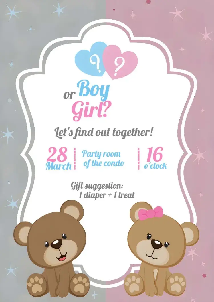 Blue And Pink Teddy Bears Diaper Reveal invitation