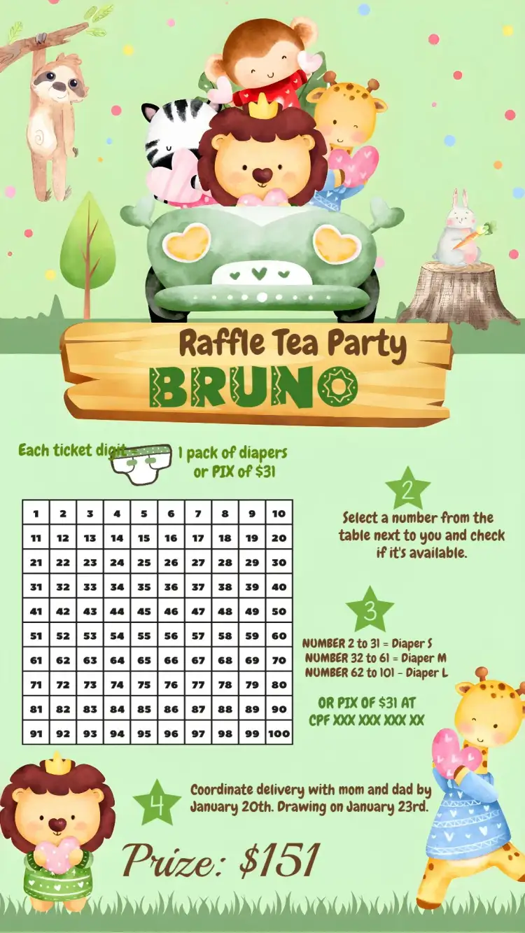 Invitation Baby Shower Safari Raffle Boy – Most searched for theme safari, jungle animals, green and brown colors, childish design, fun graphic elements, nature
