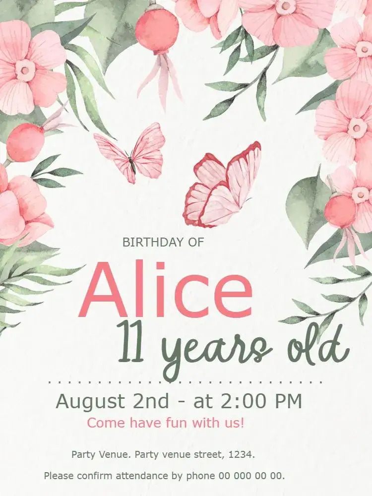 Invitation Butterfly Garden – Kids' Birthday Party theme floral, colorful, cheerful, springtime, natural, fun